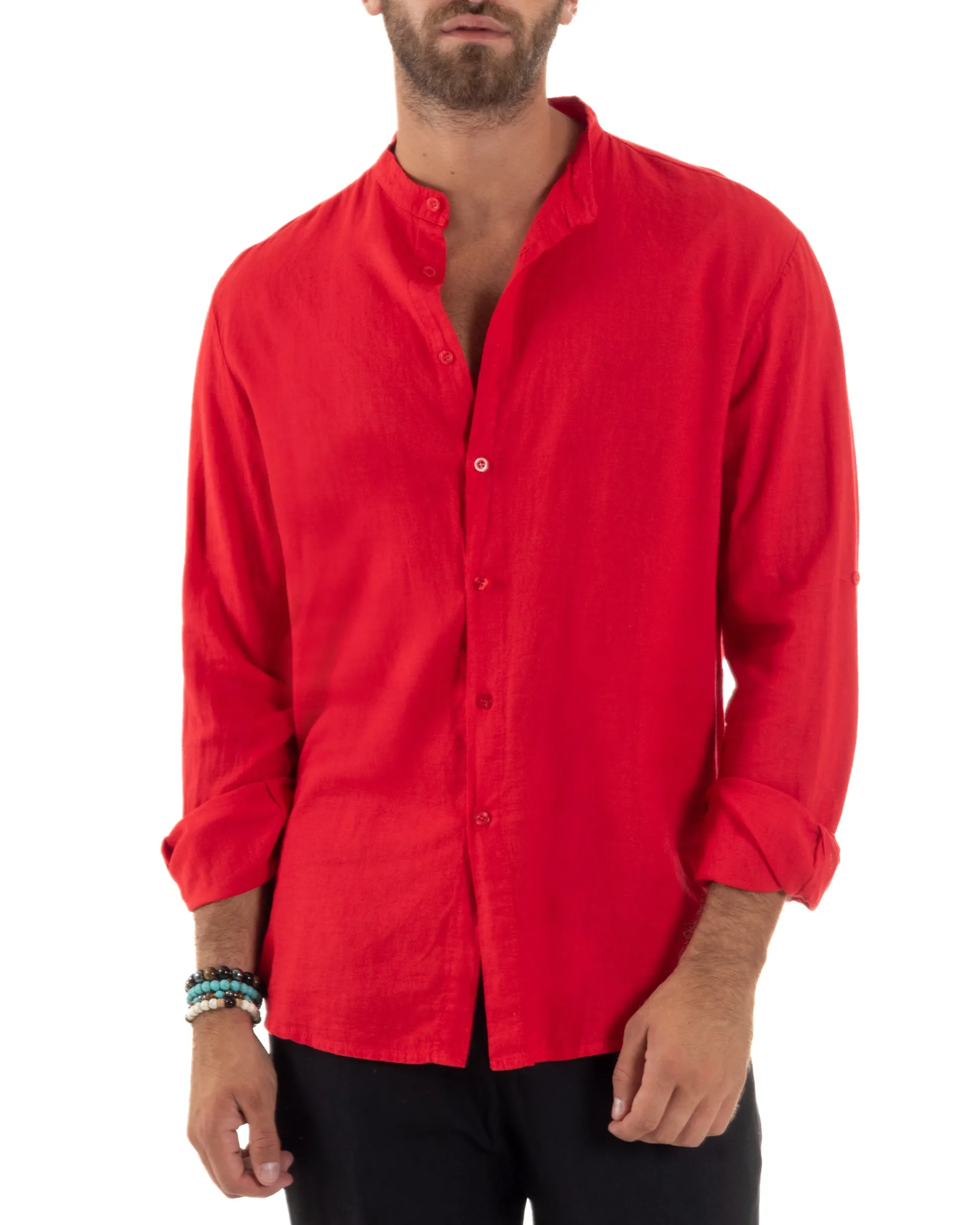 Camicia Lino Slim Fit Collo Coreano Rosso C3042A