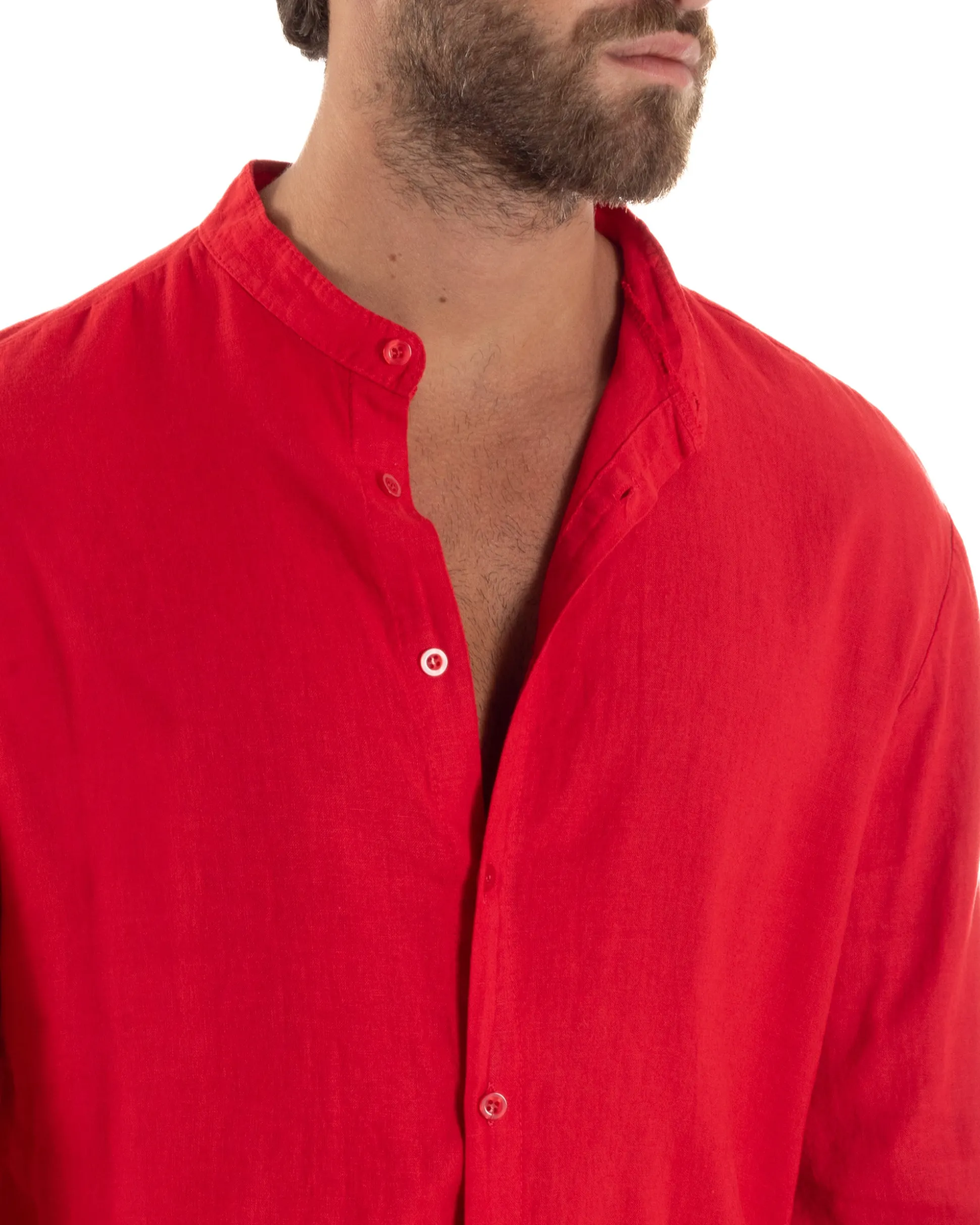 Camicia Lino Slim Fit Collo Coreano Rosso C3042A