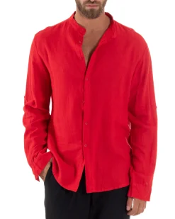 Camicia Lino Slim Fit Collo Coreano Rosso C3042A