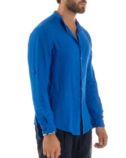 Camicia Lino Slim Fit Collo Coreano Blu Royal C3047A