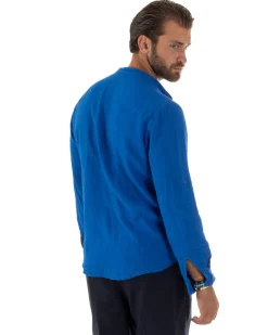 Camicia Lino Slim Fit Collo Coreano Blu Royal C3047A