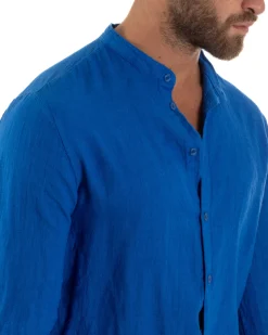 Camicia Lino Slim Fit Collo Coreano Blu Royal C3047A