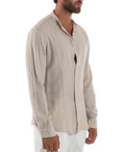 Camicia Lino Slim Fit Collo Coreano Beige C3050A