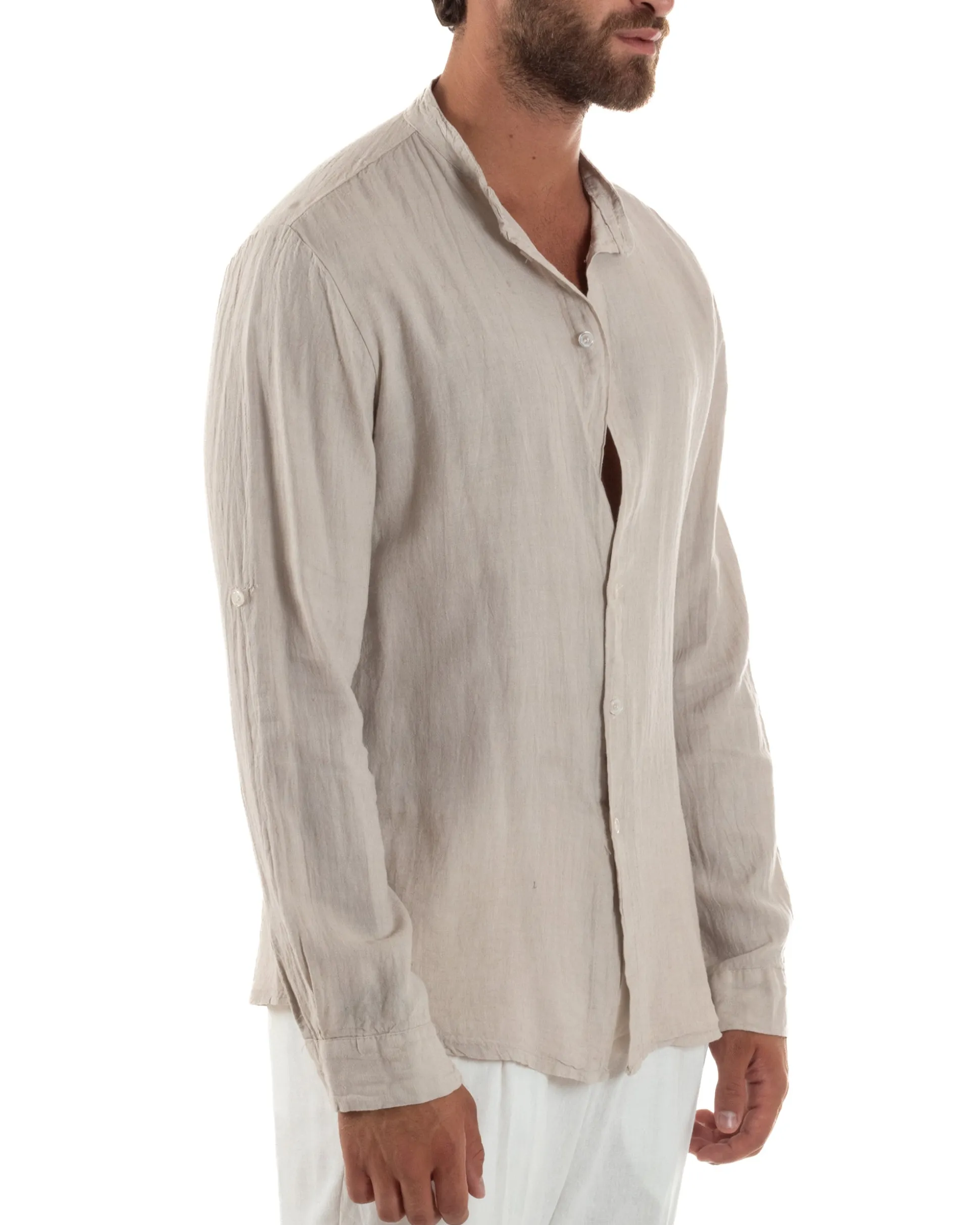 Camicia Lino Slim Fit Collo Coreano Beige C3050A