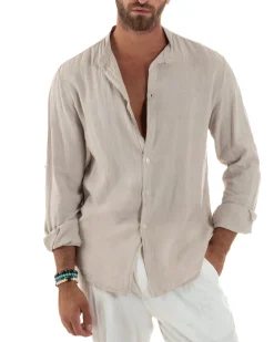 Camicia Lino Slim Fit Collo Coreano Beige C3050A