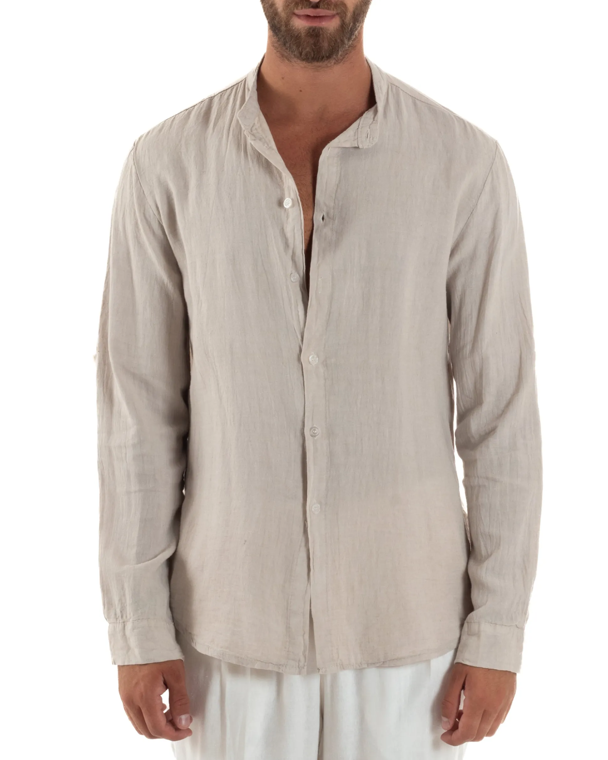Camicia Lino Slim Fit Collo Coreano Beige C3050A