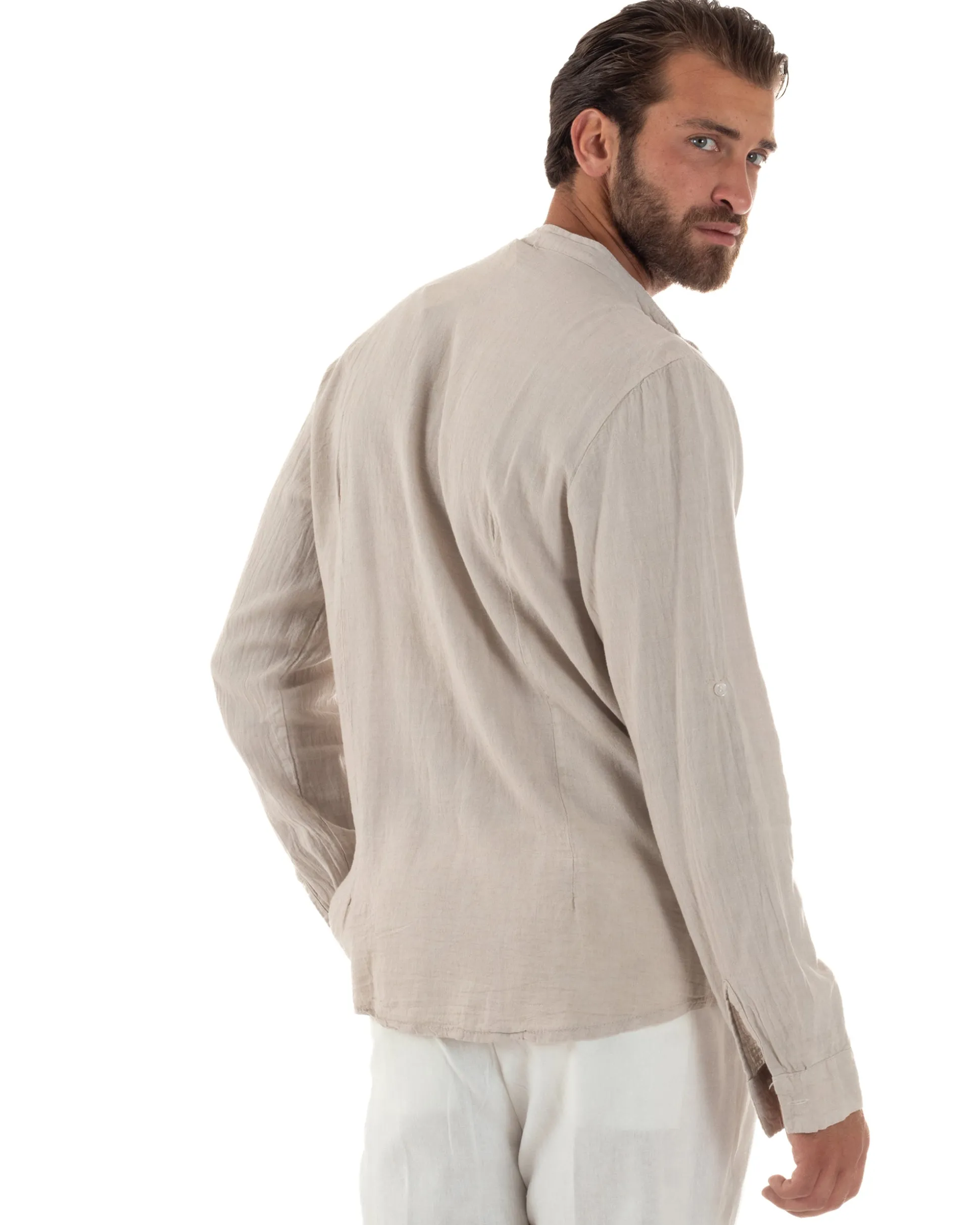 Camicia Lino Slim Fit Collo Coreano Beige C3050A