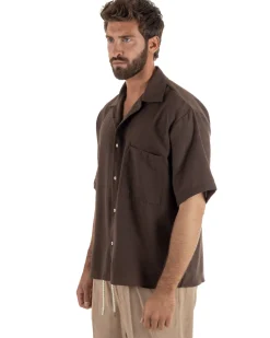 Camicia maniche corte uomo colletto bowling taschino relaxed fit marrone GIOSAL-CC1232A