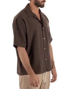 Camicia maniche corte uomo colletto bowling taschino relaxed fit marrone GIOSAL-CC1232A