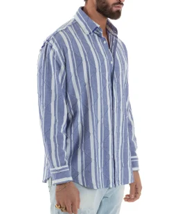 Camicia uomo boxy-fit colletto oxford cuciture losanghe rigata blu BERNA M-261233
