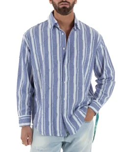 Camicia uomo boxy-fit colletto oxford cuciture losanghe rigata blu BERNA M-261233