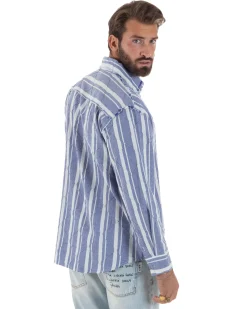 Camicia uomo boxy-fit colletto oxford cuciture losanghe rigata blu BERNA M-261233