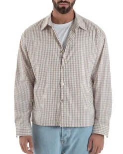 Camicia uomo boxy fit quadri stampa retro beige GIOSAL-C3082A