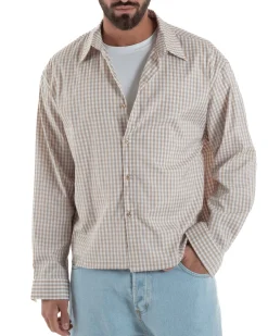 Camicia uomo boxy fit quadri stampa retro beige GIOSAL-C3082A