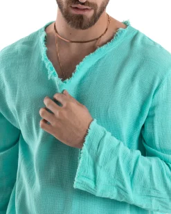 Camicia Uomo Casacca Cotone Lino Scollo V Sfrangiata Regular Fit Verde Acqua GIOSAL-C2849A