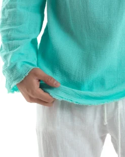 Camicia Uomo Casacca Cotone Lino Scollo V Sfrangiata Regular Fit Verde Acqua GIOSAL-C2849A