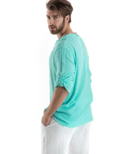 Camicia Uomo Casacca Cotone Lino Scollo V Sfrangiata Regular Fit Verde Acqua GIOSAL-C2849A
