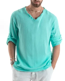 Camicia Uomo Casacca Cotone Lino Scollo V Sfrangiata Regular Fit Verde Acqua GIOSAL-C2849A