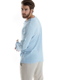 Camicia Uomo Casacca Cotone Lino Scollo V Sfrangiata Regular Fit Celeste GIOSAL-C2852A