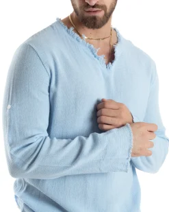 Camicia Uomo Casacca Cotone Lino Scollo V Sfrangiata Regular Fit Celeste GIOSAL-C2852A