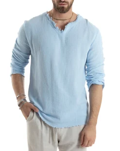 Camicia Uomo Casacca Cotone Lino Scollo V Sfrangiata Regular Fit Celeste GIOSAL-C2852A