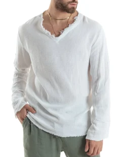 Camicia Uomo Casacca Cotone Lino Scollo V Sfrangiata Regular Fit Bianco GIOSAL-C2846A