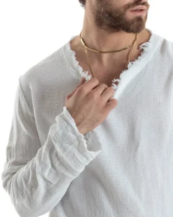 Camicia Uomo Casacca Cotone Lino Scollo V Sfrangiata Regular Fit Bianco GIOSAL-C2846A