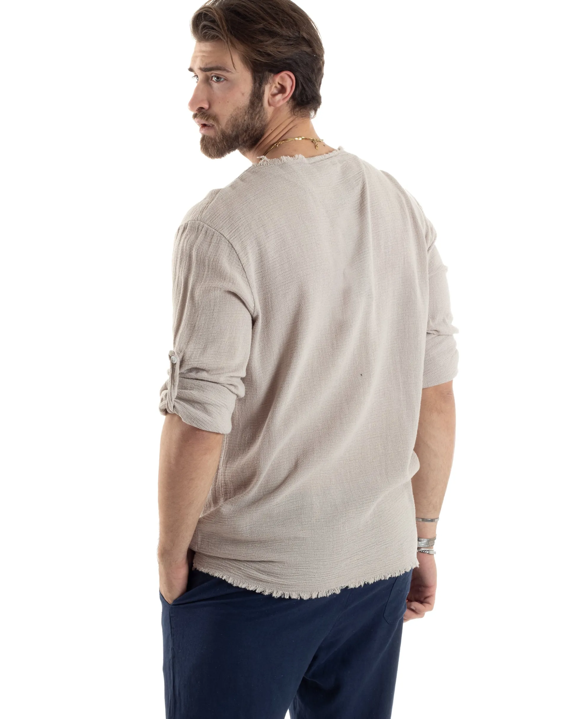 Camicia Uomo Casacca Cotone Lino Scollo V Sfrangiata Regular Fit Beige GIOSAL-C2848A