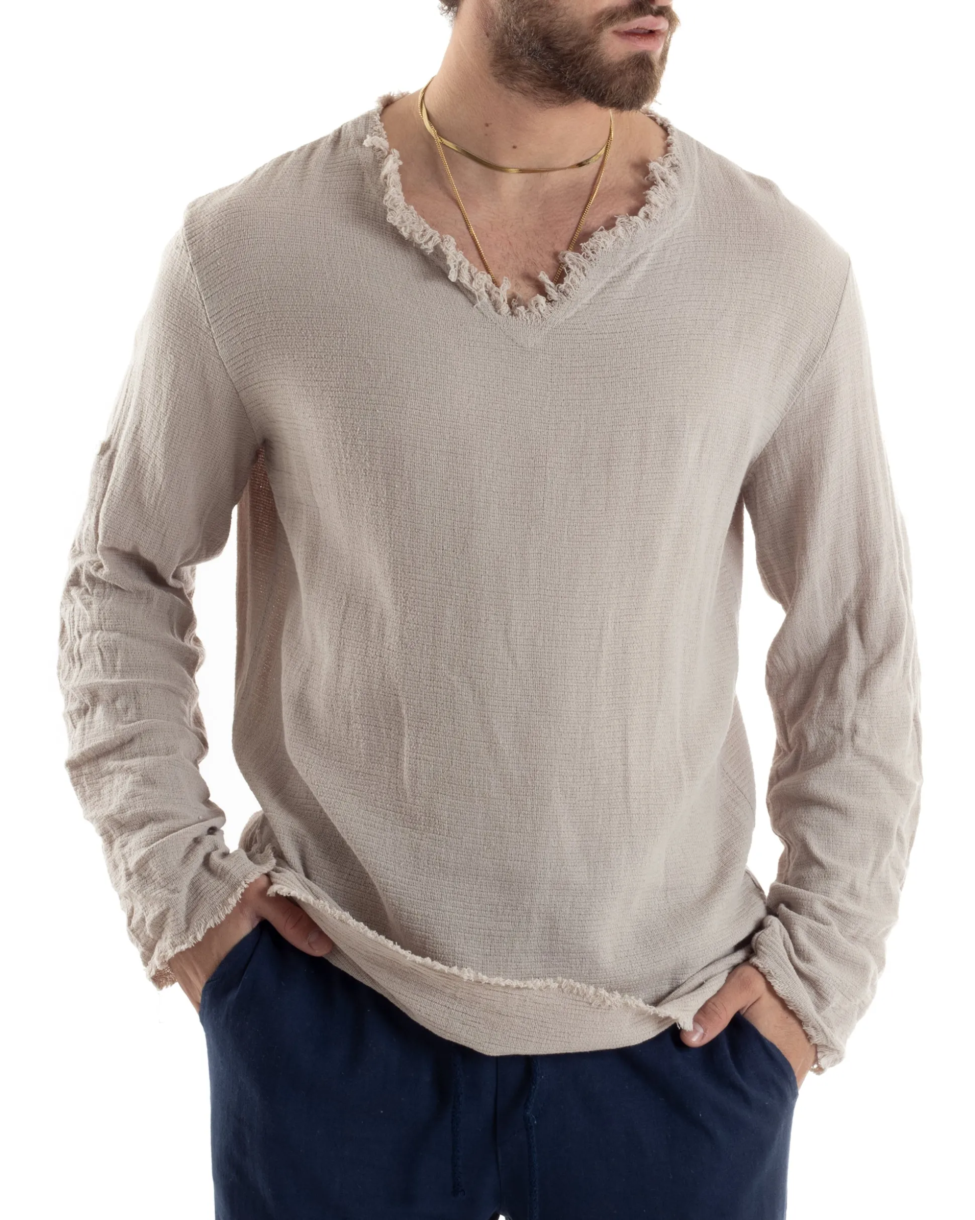 Camicia Uomo Casacca Cotone Lino Scollo V Sfrangiata Regular Fit Beige GIOSAL-C2848A