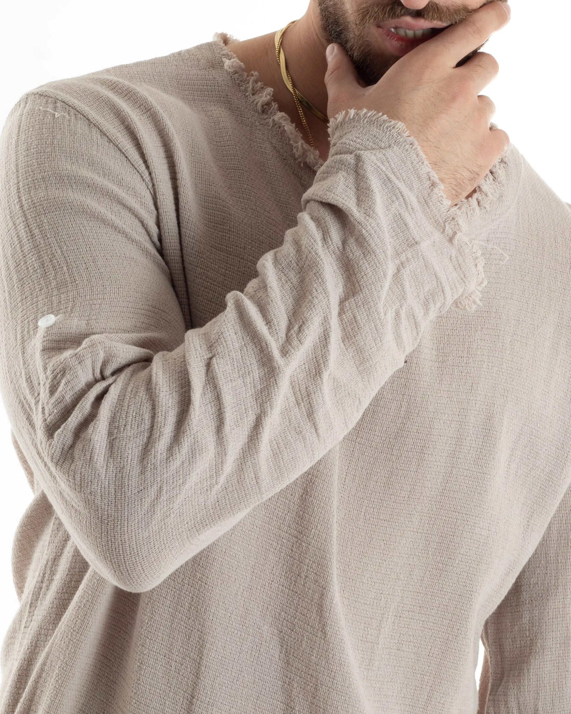 Camicia Uomo Casacca Cotone Lino Scollo V Sfrangiata Regular Fit Beige GIOSAL-C2848A