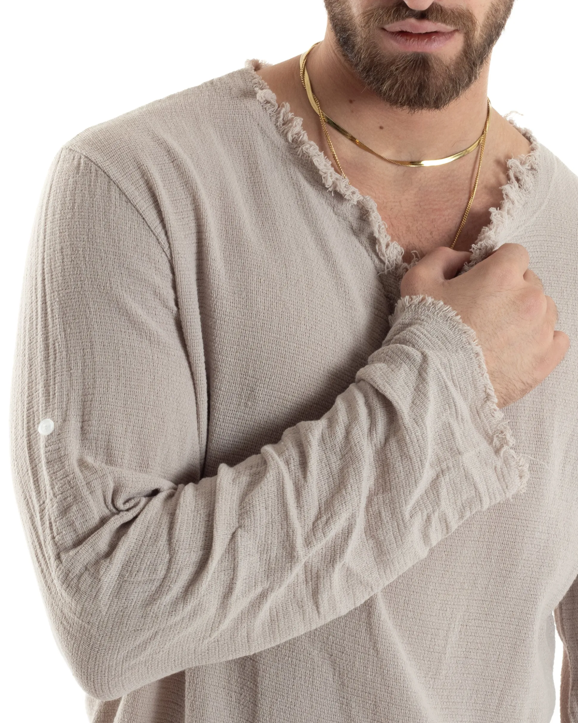 Camicia Uomo Casacca Cotone Lino Scollo V Sfrangiata Regular Fit Beige GIOSAL-C2848A