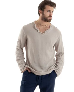 Camicia Uomo Casacca Cotone Lino Scollo V Sfrangiata Regular Fit Beige GIOSAL-C2848A