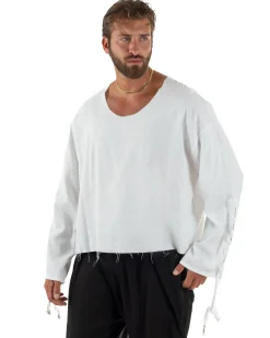 Camicia uomo casacca girocollo crop lino over fit taglio vivo bianco GIOSAL-C3098A