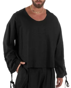 Camicia uomo casacca girocollo crop lino over fit taglio vivo nero GIOSAL-C3097A