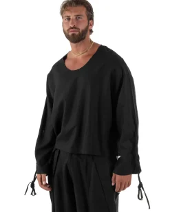 Camicia uomo casacca girocollo crop lino over fit taglio vivo nero GIOSAL-C3097A