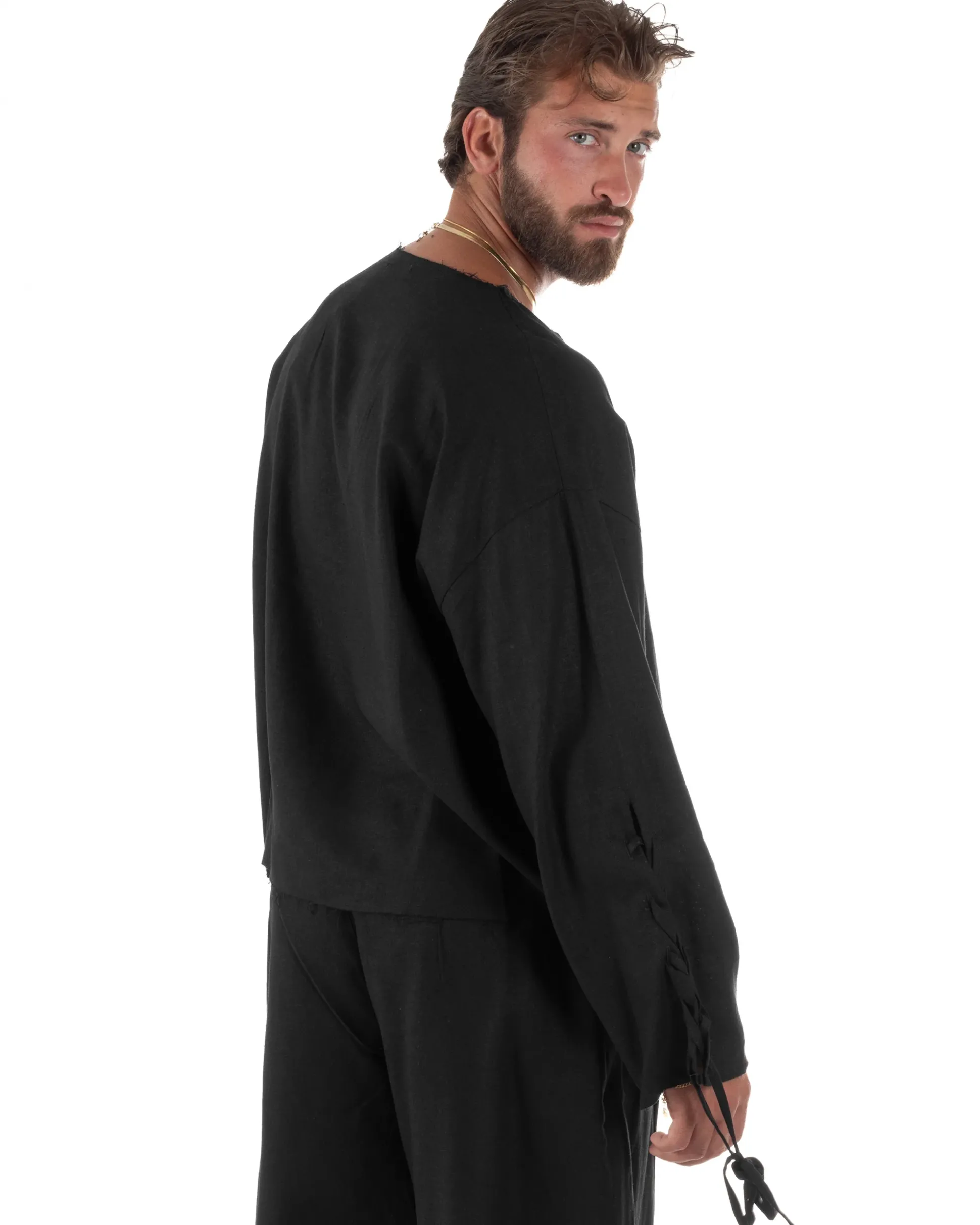 Camicia uomo casacca girocollo crop lino over fit taglio vivo nero GIOSAL-C3097A