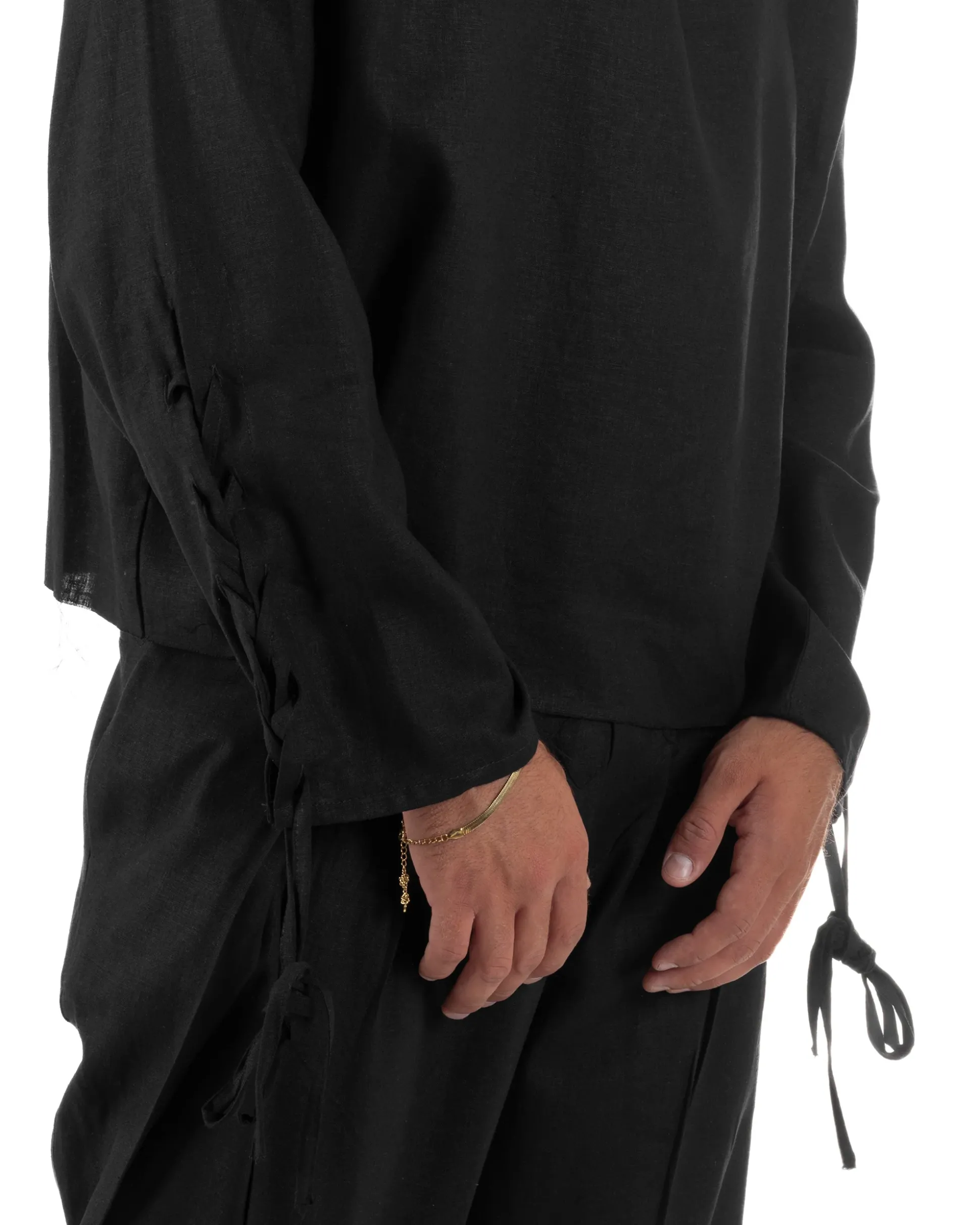 Camicia uomo casacca girocollo crop lino over fit taglio vivo nero GIOSAL-C3097A