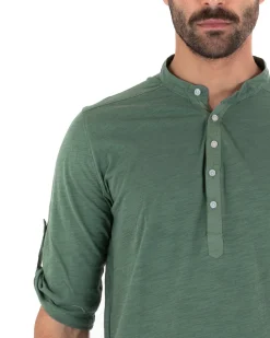 Camicia Uomo Casacca Morbida Serafino Bottoni Manica 3/4 Cotone Tinta Unita Verde Militare GIOSAL-C2340A