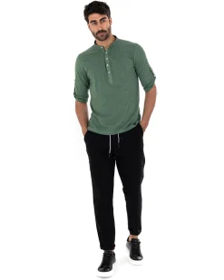 Camicia Uomo Casacca Morbida Serafino Bottoni Manica 3/4 Cotone Tinta Unita Verde Militare GIOSAL-C2340A