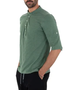 Camicia Uomo Casacca Morbida Serafino Bottoni Manica 3/4 Cotone Tinta Unita Verde Militare GIOSAL-C2340A