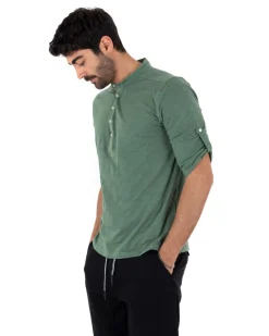 Camicia Uomo Casacca Morbida Serafino Bottoni Manica 3/4 Cotone Tinta Unita Verde Militare GIOSAL-C2340A