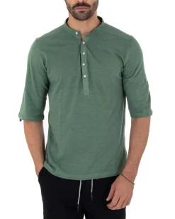 Camicia Uomo Casacca Morbida Serafino Bottoni Manica 3/4 Cotone Tinta Unita Verde Militare GIOSAL-C2340A