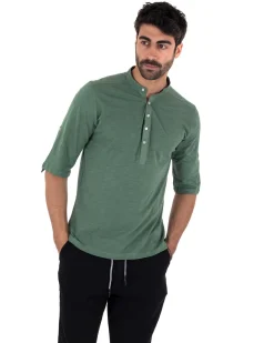 Camicia Uomo Casacca Morbida Serafino Bottoni Manica 3/4 Cotone Tinta Unita Verde Militare GIOSAL-C2340A