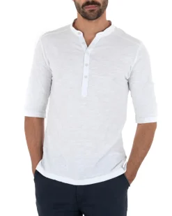 Camicia Uomo Casacca Morbida Serafino Bottoni Manica 3/4 Cotone Tinta Unita Bianco GIOSAL-C2339A