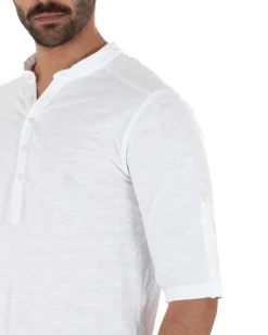 Camicia Uomo Casacca Morbida Serafino Bottoni Manica 3/4 Cotone Tinta Unita Bianco GIOSAL-C2339A