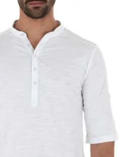 Camicia Uomo Casacca Morbida Serafino Bottoni Manica 3/4 Cotone Tinta Unita Bianco GIOSAL-C2339A