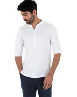 Camicia Uomo Casacca Morbida Serafino Bottoni Manica 3/4 Cotone Tinta Unita Bianco GIOSAL-C2339A