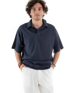Camicia Uomo Colletto Maniche Corte Tinta Unita Lino Casual Basic Blu GIOSAL-CC1196A