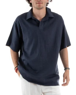 Camicia Uomo Colletto Maniche Corte Tinta Unita Lino Casual Basic Blu GIOSAL-CC1196A