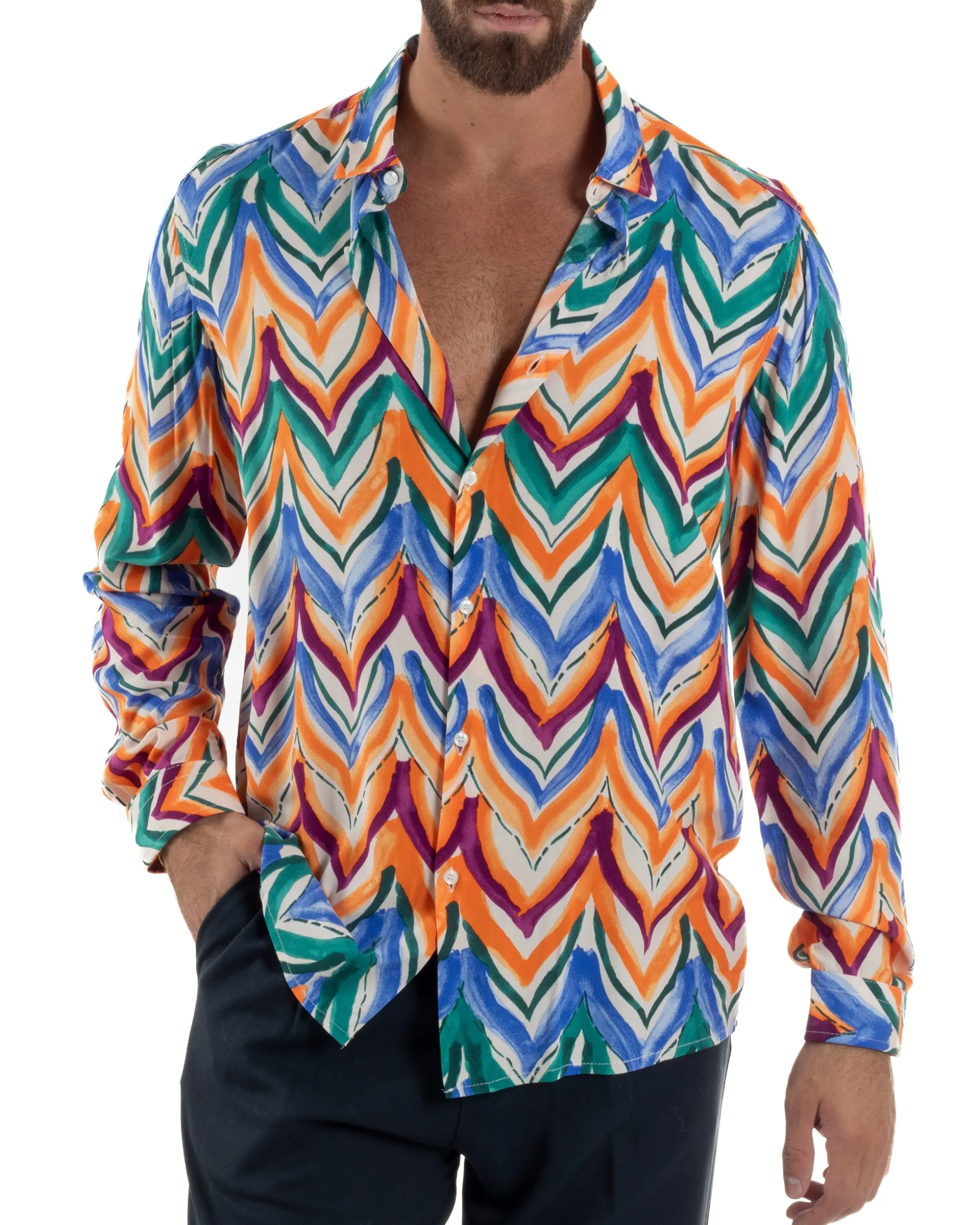 Camicia Uomo Colletto Viscosa Fantasia Multicolore BlackSunday C3061A